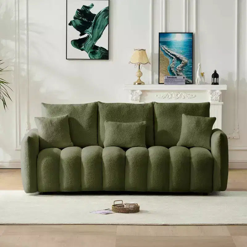 MAYEERTY 78 inch Premium Teddy Fabric Sofa with 3 Back Pillows and 3 Back Cushions Solid Wood Frame 3 Seat Sofa with Oversized Upholstered Chair Green