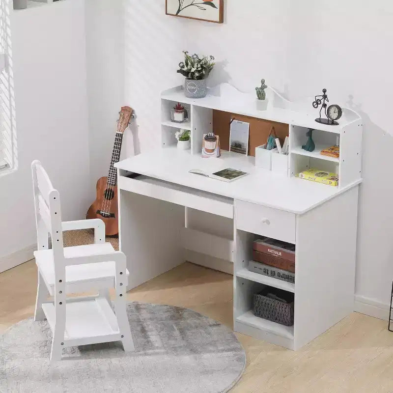 Kids Desk and Chair Set, Adjustable Study Table with Hutch, Student Desk with Cork Board, Keyboard Tray & Storage, White Study Furniture for Children