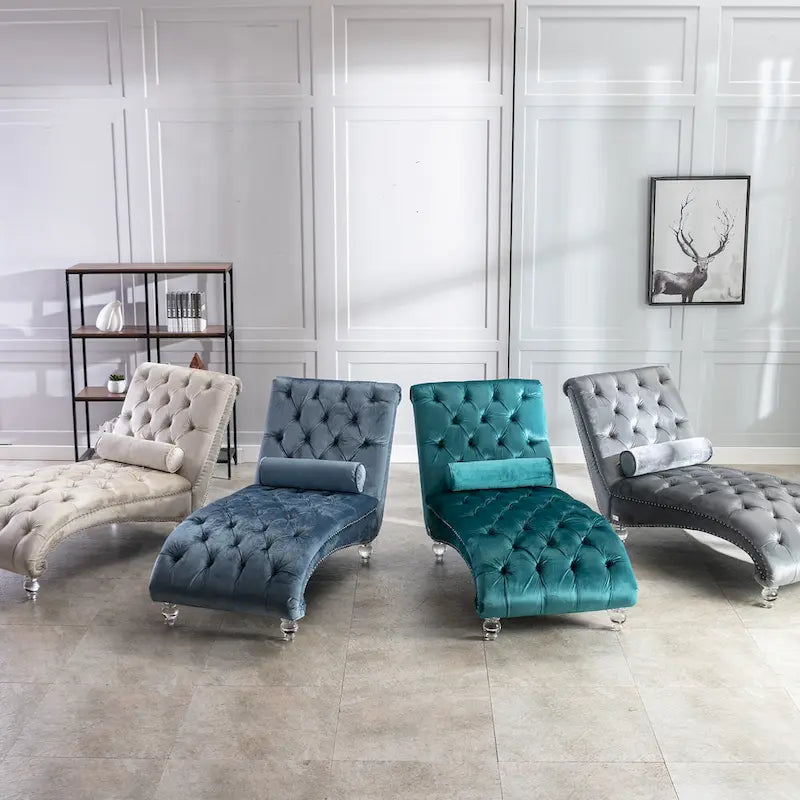 Button-Tufted Upholstered Velvet Recliner Chaise with Pillow and Acrylic Feet