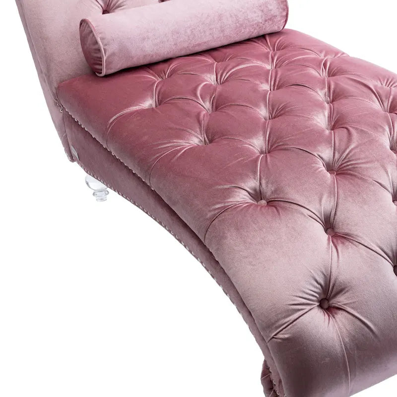 Button-Tufted Upholstered Velvet Recliner Chaise with Pillow and Acrylic Feet