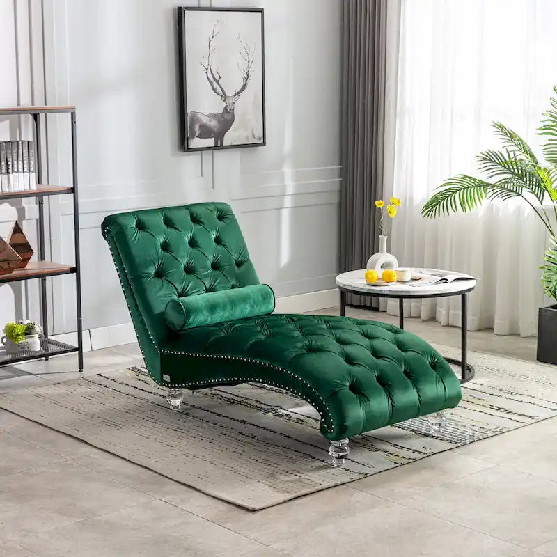 Button-Tufted Upholstered Velvet Recliner Chaise with Pillow and Acrylic Feet