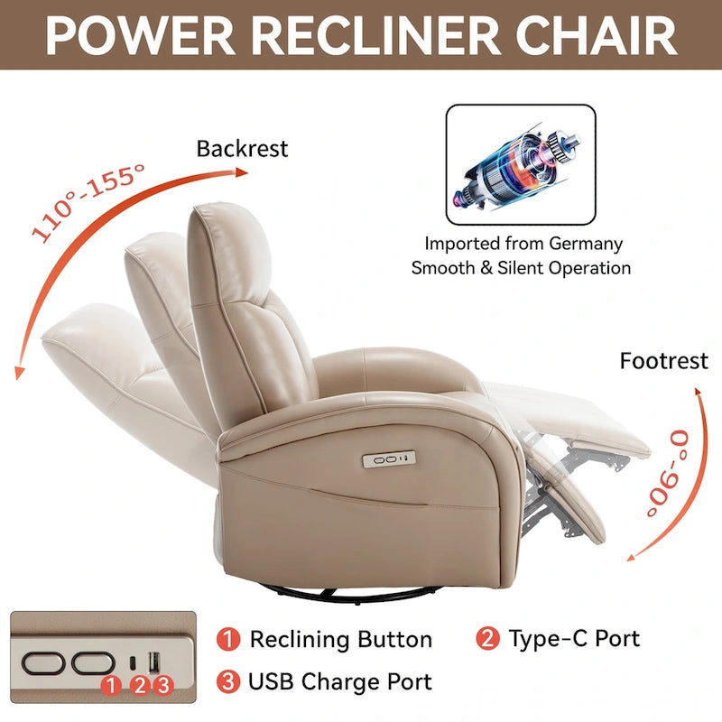 Leatheraire Swivel and Rocker Power Recliner Chair with Lumbar Support, Max Swivel Degree 270, USB and Type-C Ports