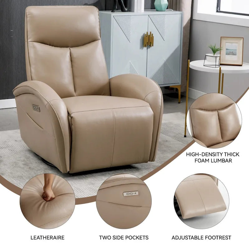 Leatheraire Swivel and Rocker Power Recliner Chair with Lumbar Support, Max Swivel Degree 270, USB and Type-C Ports