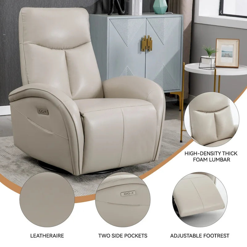 Leatheraire Swivel and Rocker Power Recliner Chair with Lumbar Support, Max Swivel Degree 270, USB and Type-C Ports