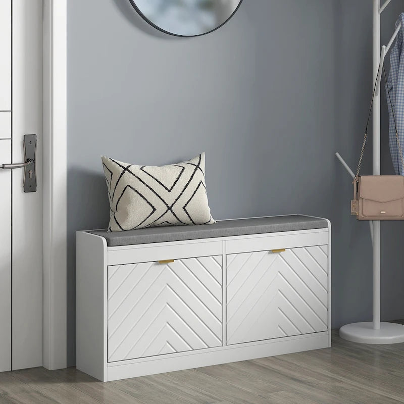 Entryway Bench with 2 Flip Drawers, Seating Cushion, and 2 Vents for 8 Pairs of Shoes for Hallway
