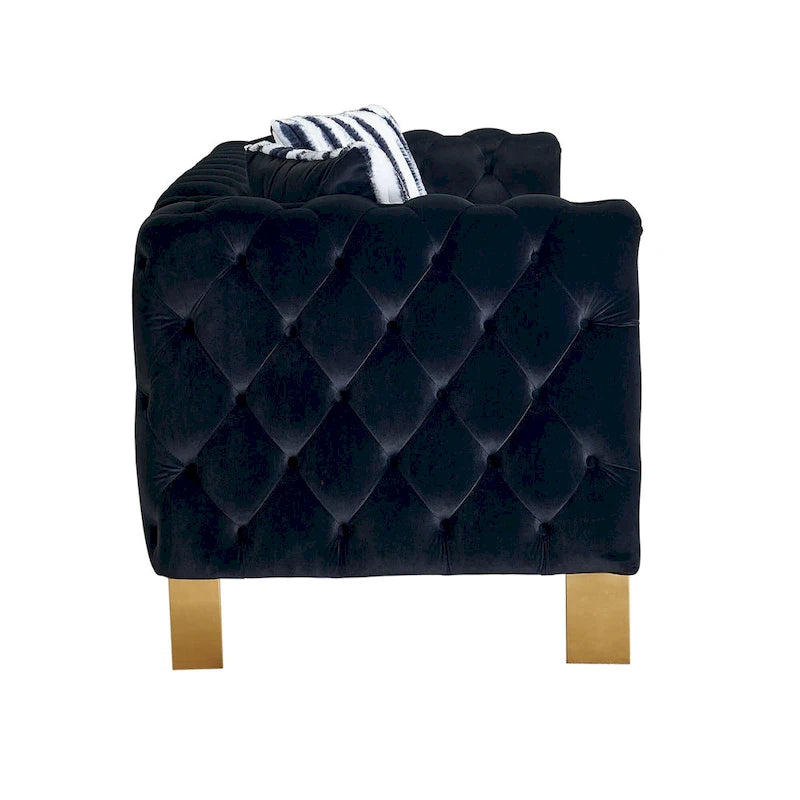 84.25 Button Tufted Upholstered 3-Seater Sofa with Gold Decoration