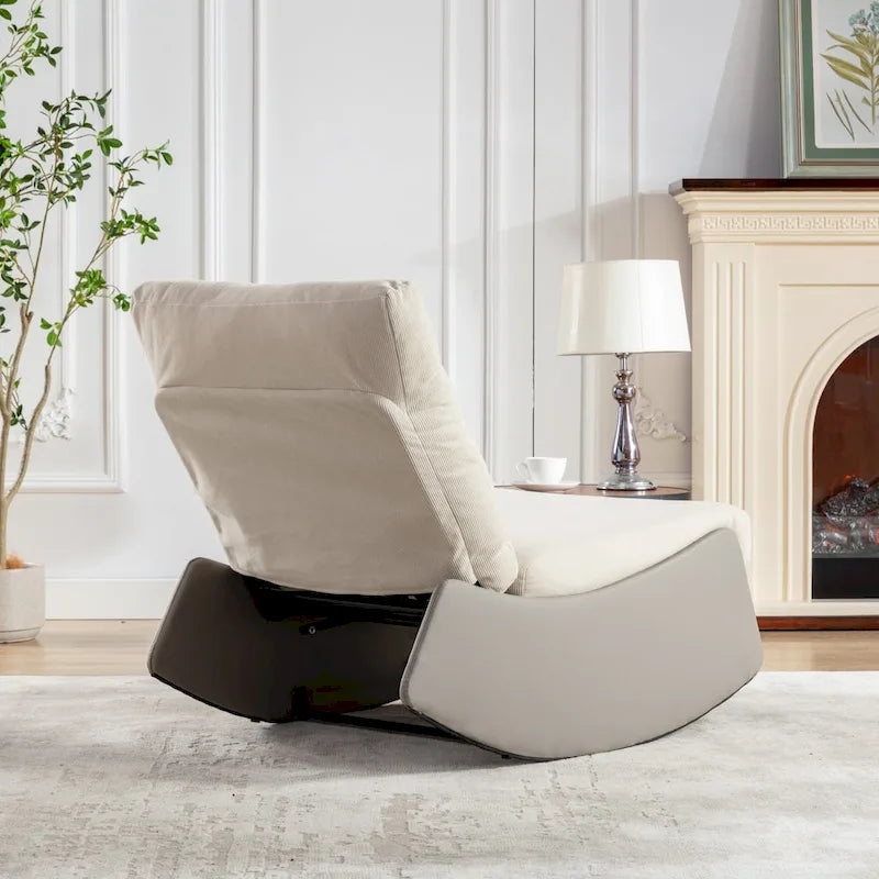 Corduroy Rocker Recliner with Footrest and PU Leather Leg