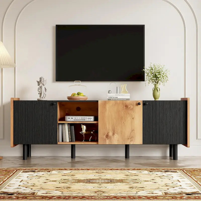 Mid Century TV Stand with 3 Cabinets, Media Console Table for TVs up to 70, Entertainment Center with Storage