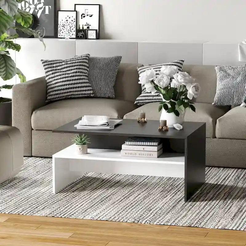 Modern Coffee Table, 2-tier Rectangular Center Table with Storage Shelves for Living Room, Black/White