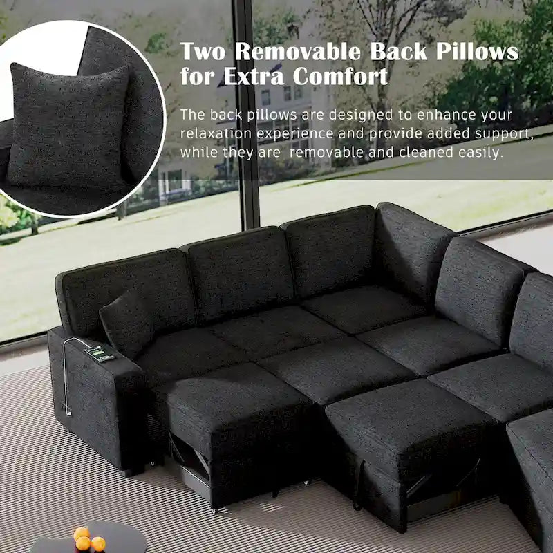 126 L-shaped Sofa Sectional Sofa Couch Pull-out Sofa Bed with Charging Devices and Cup Holders for Living Room, Beige