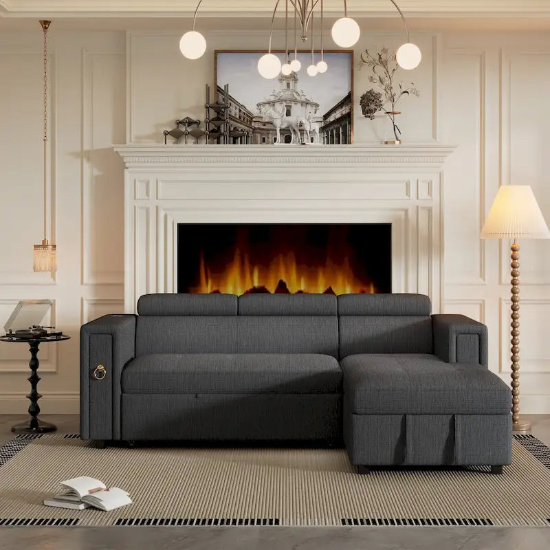 L-Shaped Pull Out Sofa Bed Modern Convertible Sleeper Sofa with 2 USB ports, 2 Power Sockets and 3 Pillows
