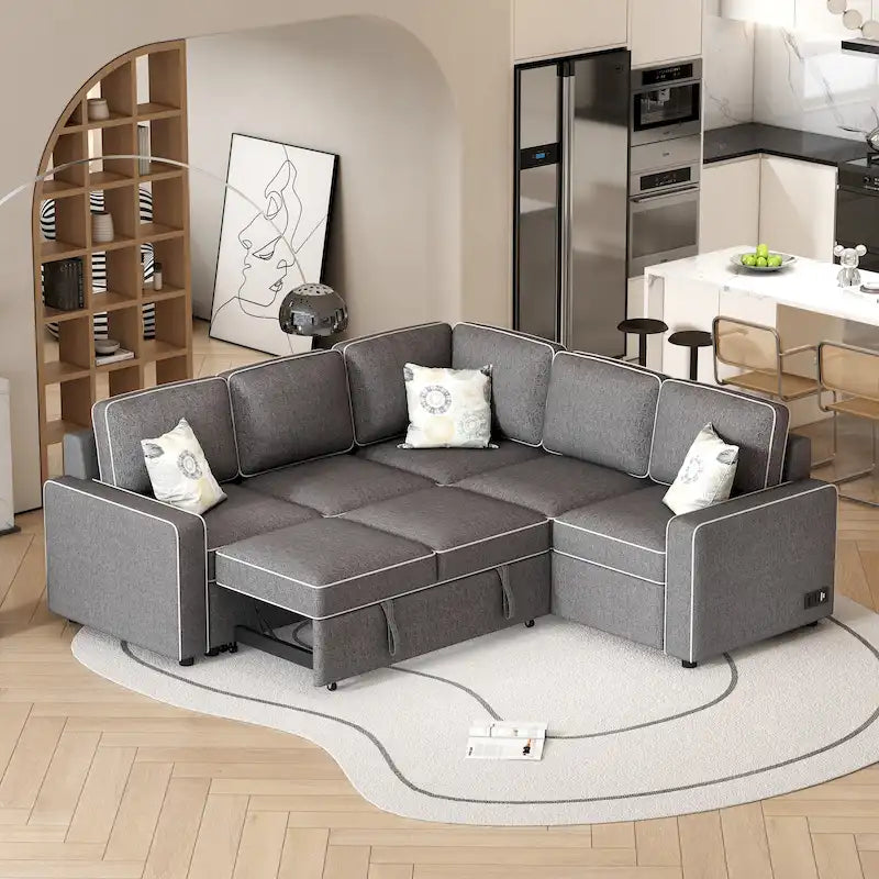 L-Shaped Pull Out Sofa Bed Modern Convertible Sleeper Sofa with 2 USB ports, 2 Power Sockets and 3 Pillows