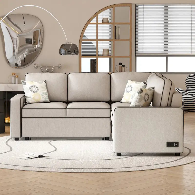 L-Shaped Pull Out Sofa Bed Modern Convertible Sleeper Sofa with 2 USB ports, 2 Power Sockets and 3 Pillows