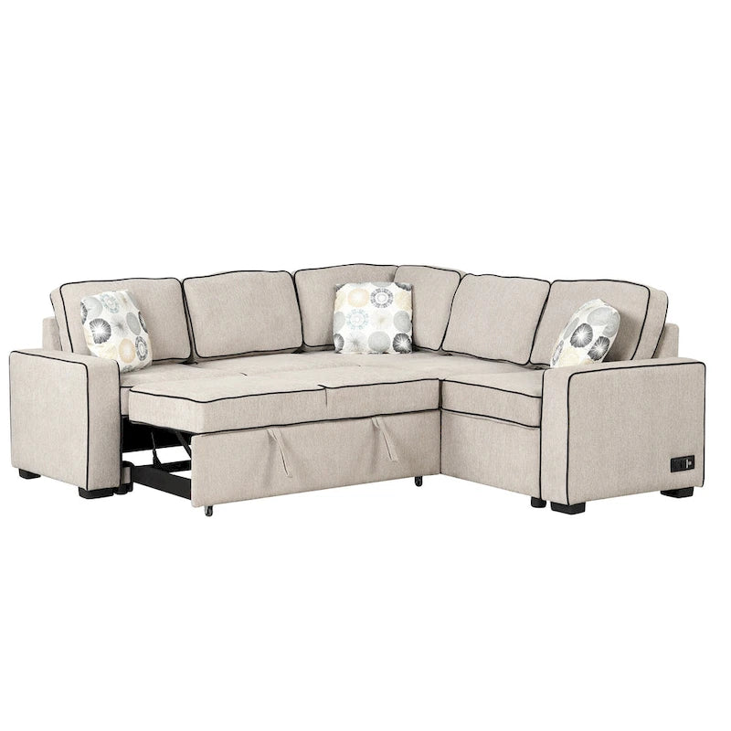 L-Shaped Pull Out Sofa Bed Modern Convertible Sleeper Sofa with 2 USB ports, 2 Power Sockets and 3 Pillows