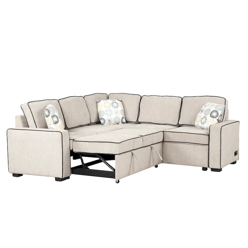 L-Shaped Pull Out Sofa Bed Modern Convertible Sleeper Sofa with 2 USB ports, 2 Power Sockets and 3 Pillows