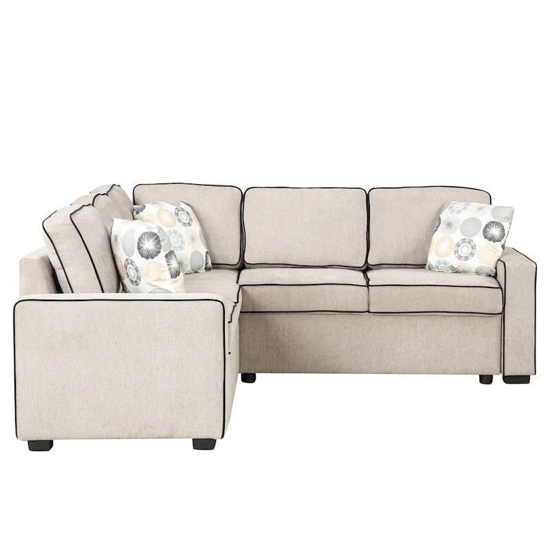 L-Shaped Pull Out Sofa Bed Modern Convertible Sleeper Sofa with 2 USB ports, 2 Power Sockets and 3 Pillows
