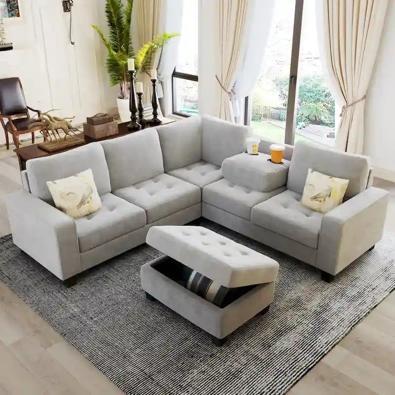 Orisfur. Sectional Corner Sofa L-shape Couch Space Saving with Storage Ottoman & Cup Holders Design