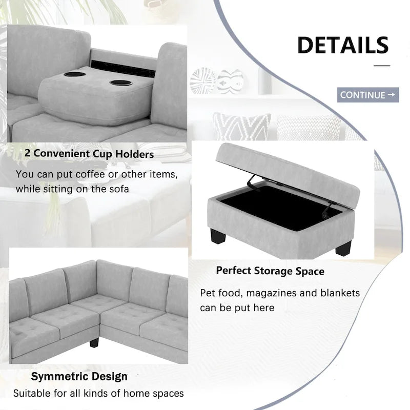 Orisfur. Sectional Corner Sofa L-shape Couch Space Saving with Storage Ottoman & Cup Holders Design