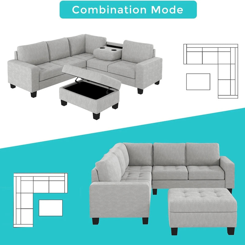 Orisfur. Sectional Corner Sofa L-shape Couch Space Saving with Storage Ottoman & Cup Holders Design