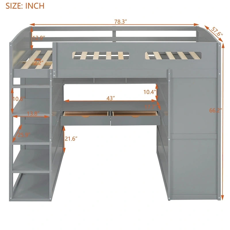 Full Size Wood Loft Bed with Desk, Wardrobes,Drawers and Shelves