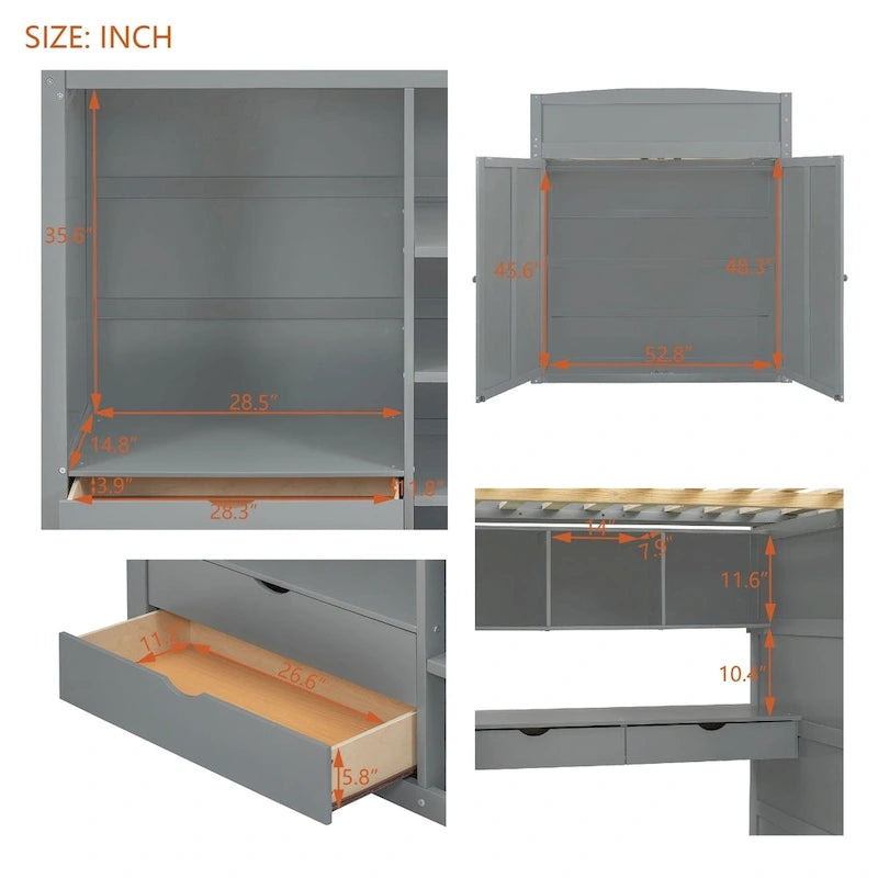 Full Size Wood Loft Bed with Desk, Wardrobes,Drawers and Shelves