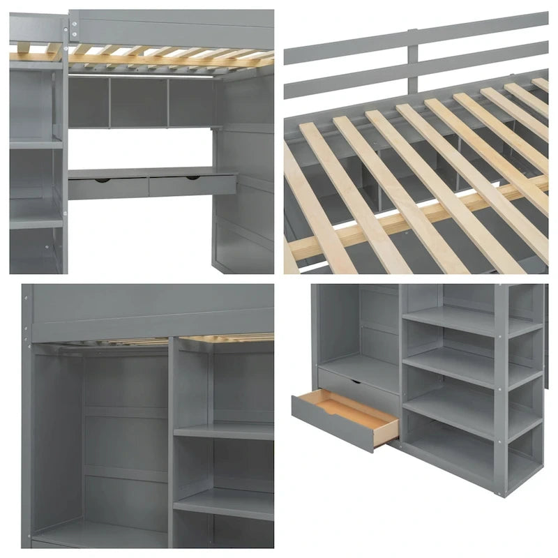 Full Size Wood Loft Bed with Desk, Wardrobes,Drawers and Shelves
