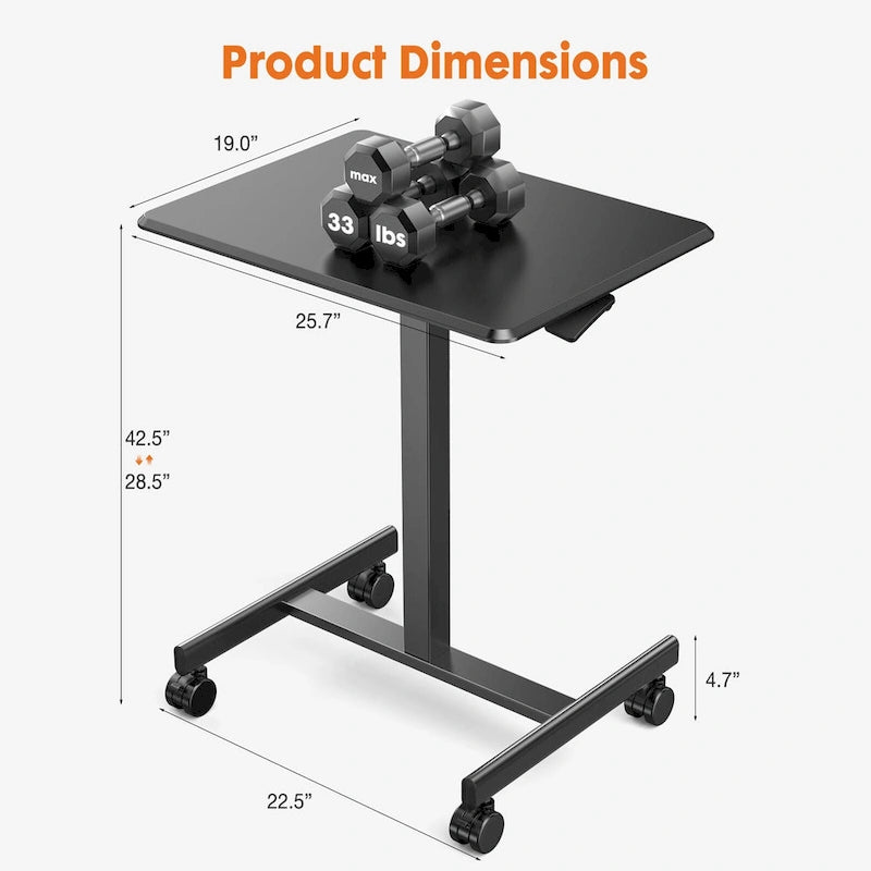Modern Adjustable Standing Desk with Lockable Wheels and Gas Spring Lift for Home Office or Small Spaces