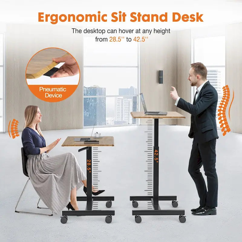 Modern Adjustable Standing Desk with Lockable Wheels and Gas Spring Lift for Home Office or Small Spaces