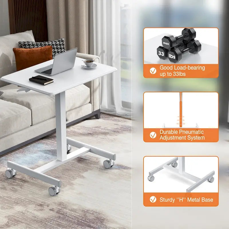 Modern Adjustable Standing Desk with Lockable Wheels and Gas Spring Lift for Home Office or Small Spaces