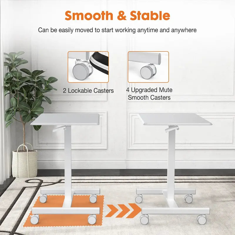 Modern Adjustable Standing Desk with Lockable Wheels and Gas Spring Lift for Home Office or Small Spaces
