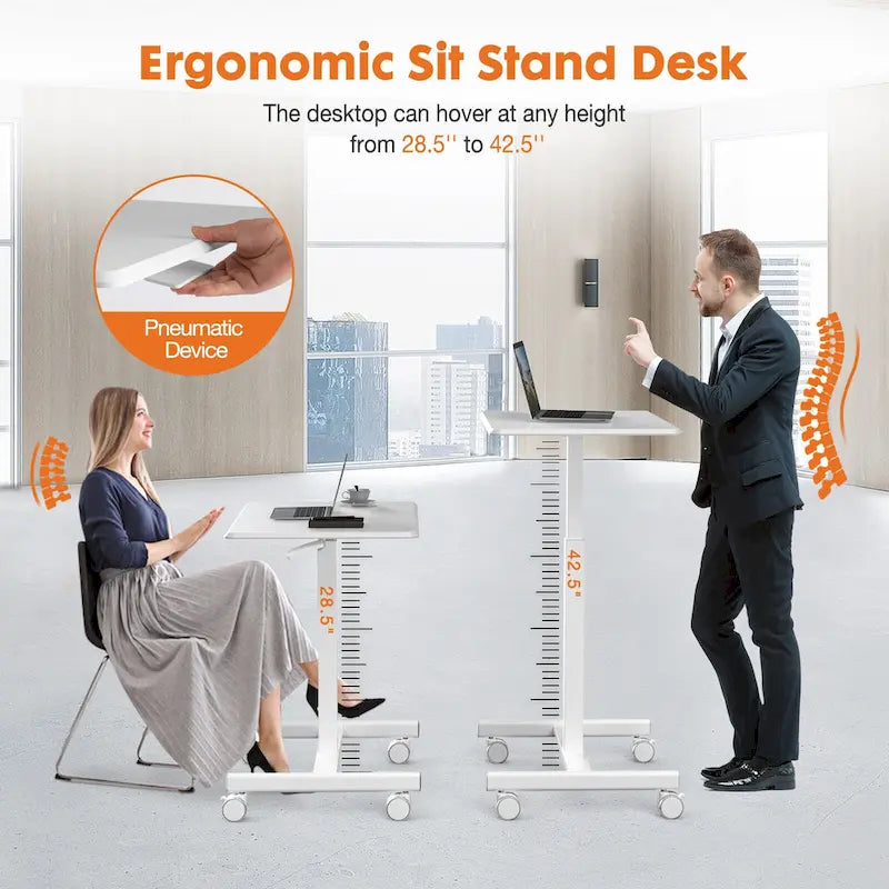 Modern Adjustable Standing Desk with Lockable Wheels and Gas Spring Lift for Home Office or Small Spaces