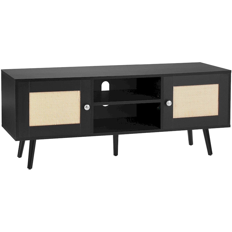 Rattan TV Stand, Mid Century Modern TV Stand, Boho Rattan TV Cabinet with Build-in Socket and USB Ports, Adjustable Shelfs