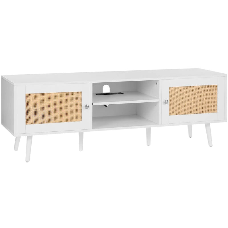 Rattan TV Stand, Mid Century Modern TV Stand, Boho Rattan TV Cabinet with Build-in Socket and USB Ports, Adjustable Shelfs