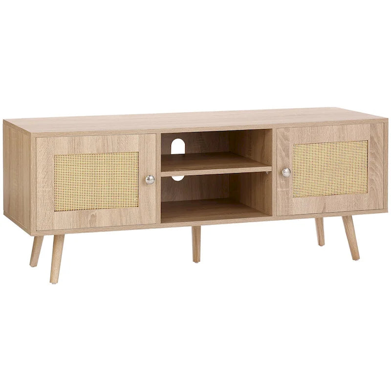 Rattan TV Stand, Mid Century Modern TV Stand, Boho Rattan TV Cabinet with Build-in Socket and USB Ports, Adjustable Shelfs
