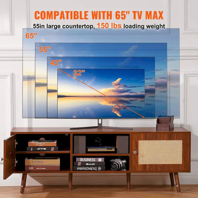 Rattan TV Stand, Mid Century Modern TV Stand, Boho Rattan TV Cabinet with Build-in Socket and USB Ports, Adjustable Shelfs