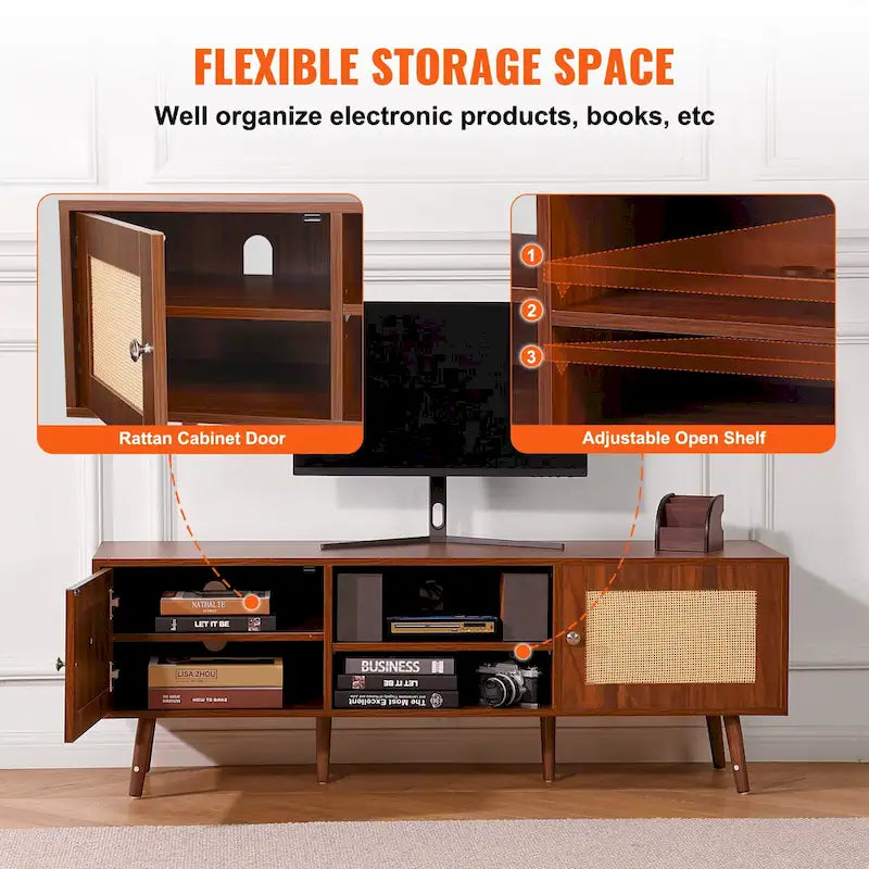 Rattan TV Stand, Mid Century Modern TV Stand, Boho Rattan TV Cabinet with Build-in Socket and USB Ports, Adjustable Shelfs