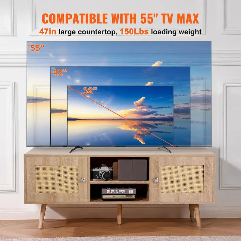 Rattan TV Stand, Mid Century Modern TV Stand, Boho Rattan TV Cabinet with Build-in Socket and USB Ports, Adjustable Shelfs