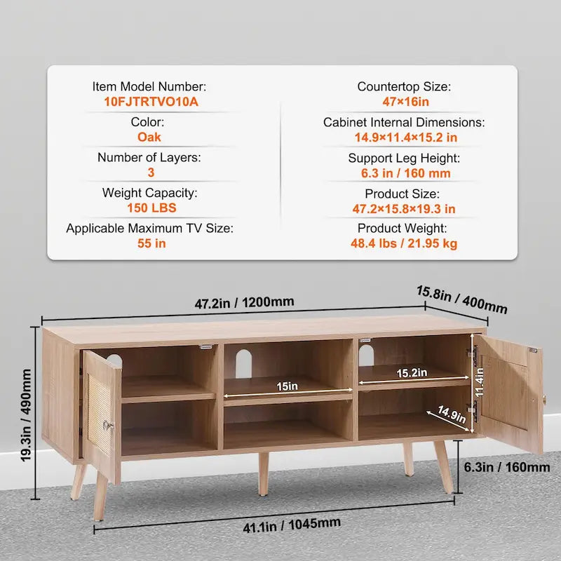 Rattan TV Stand, Mid Century Modern TV Stand, Boho Rattan TV Cabinet with Build-in Socket and USB Ports, Adjustable Shelfs