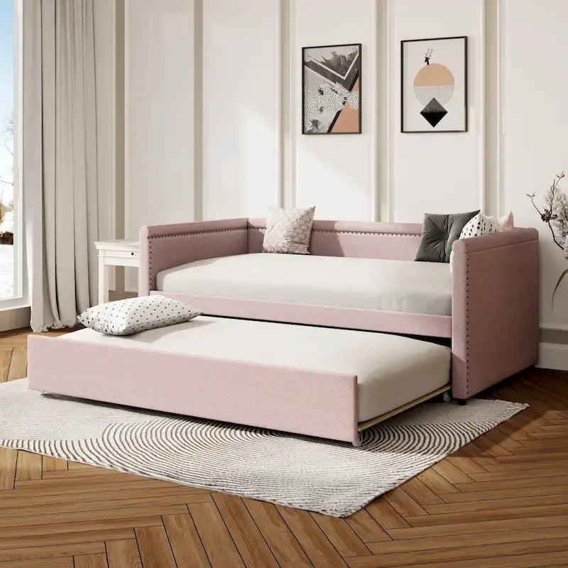 Roomfitters Twin Size Upholstered Daybed, Modern Trundle Bed, Compact Guest or Study Room