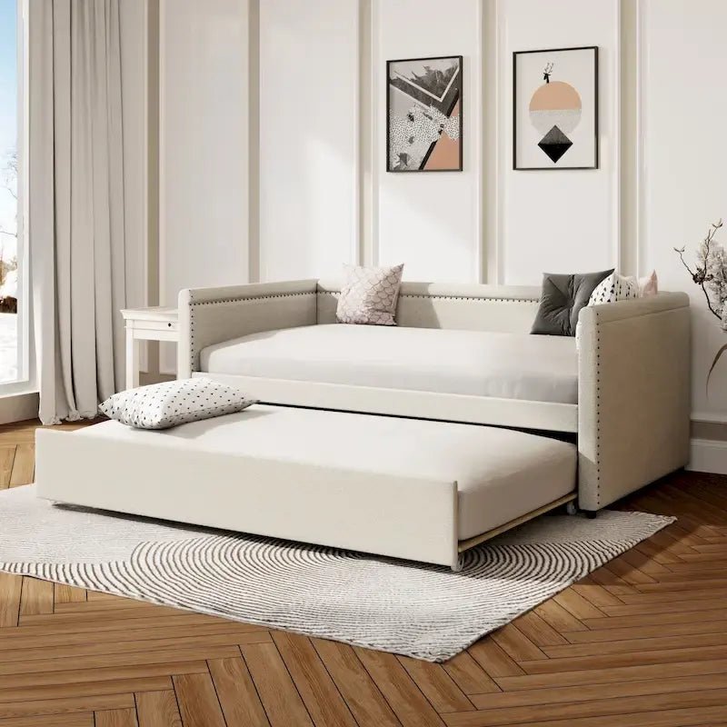 Roomfitters Twin Size Upholstered Daybed, Modern Trundle Bed, Compact Guest or Study Room