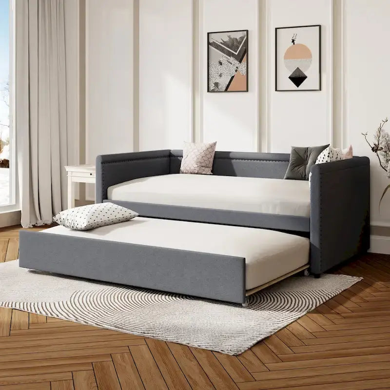 Roomfitters Twin Size Upholstered Daybed, Modern Trundle Bed, Compact Guest or Study Room