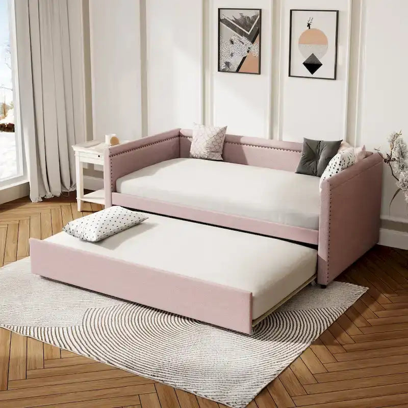 Roomfitters Twin Size Upholstered Daybed, Modern Trundle Bed, Compact Guest or Study Room