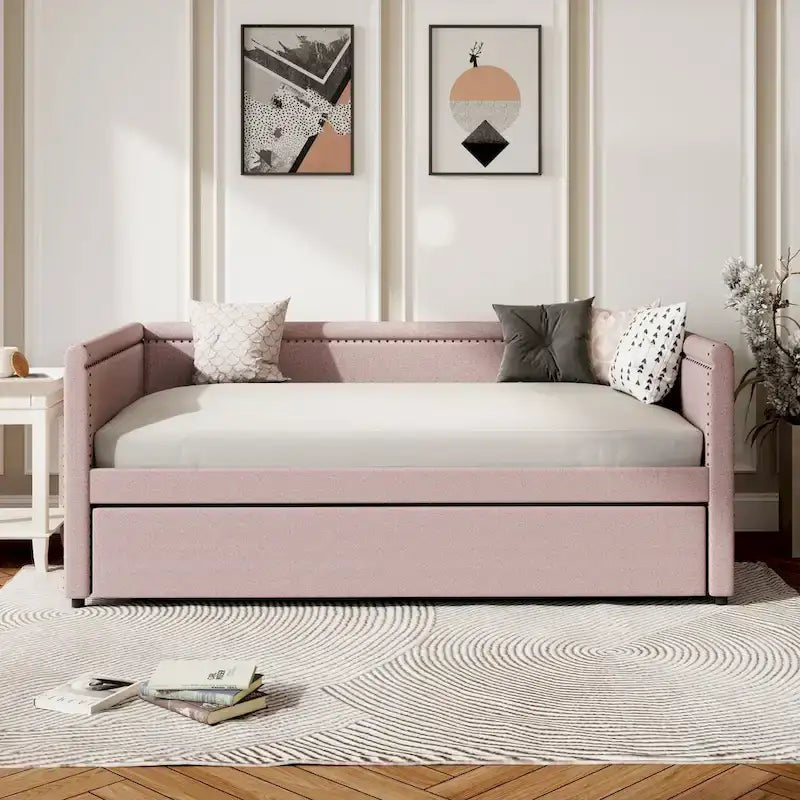 Roomfitters Twin Size Upholstered Daybed, Modern Trundle Bed, Compact Guest or Study Room