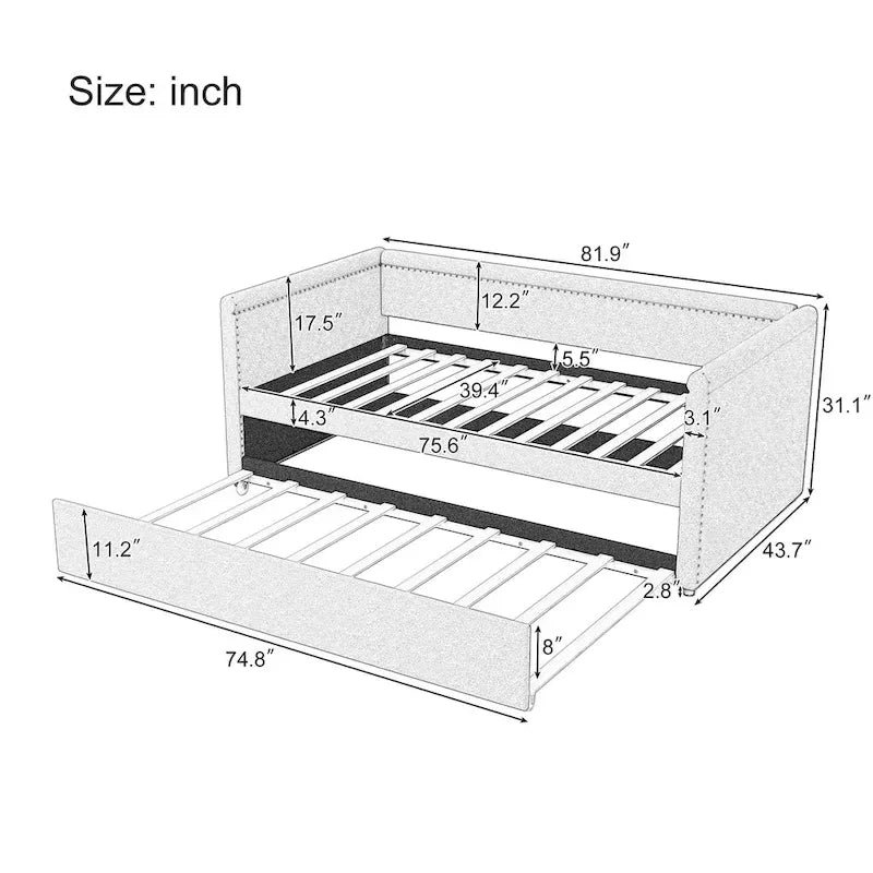 Roomfitters Twin Size Upholstered Daybed, Modern Trundle Bed, Compact Guest or Study Room