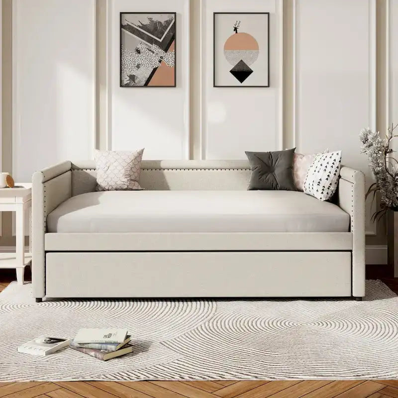 Roomfitters Twin Size Upholstered Daybed, Modern Trundle Bed, Compact Guest or Study Room