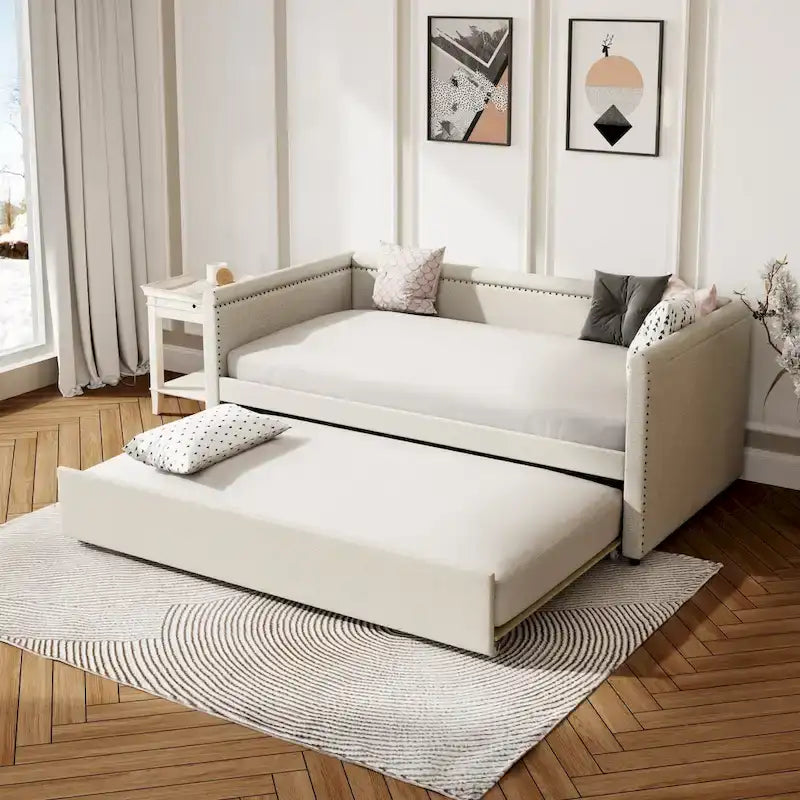Roomfitters Twin Size Upholstered Daybed, Modern Trundle Bed, Compact Guest or Study Room