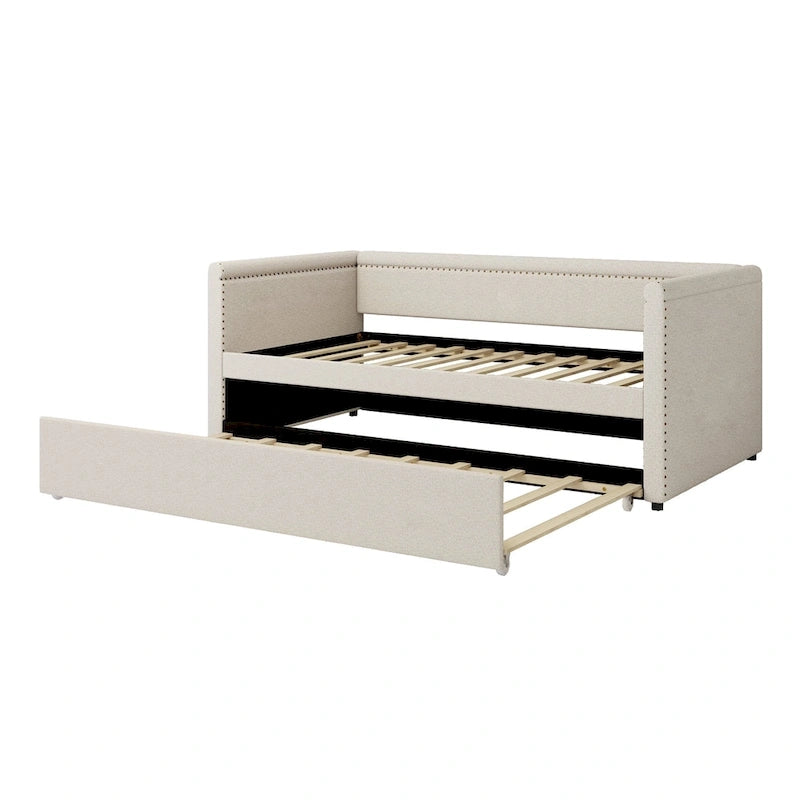Roomfitters Twin Size Upholstered Daybed, Modern Trundle Bed, Compact Guest or Study Room