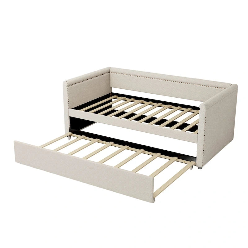 Roomfitters Twin Size Upholstered Daybed, Modern Trundle Bed, Compact Guest or Study Room