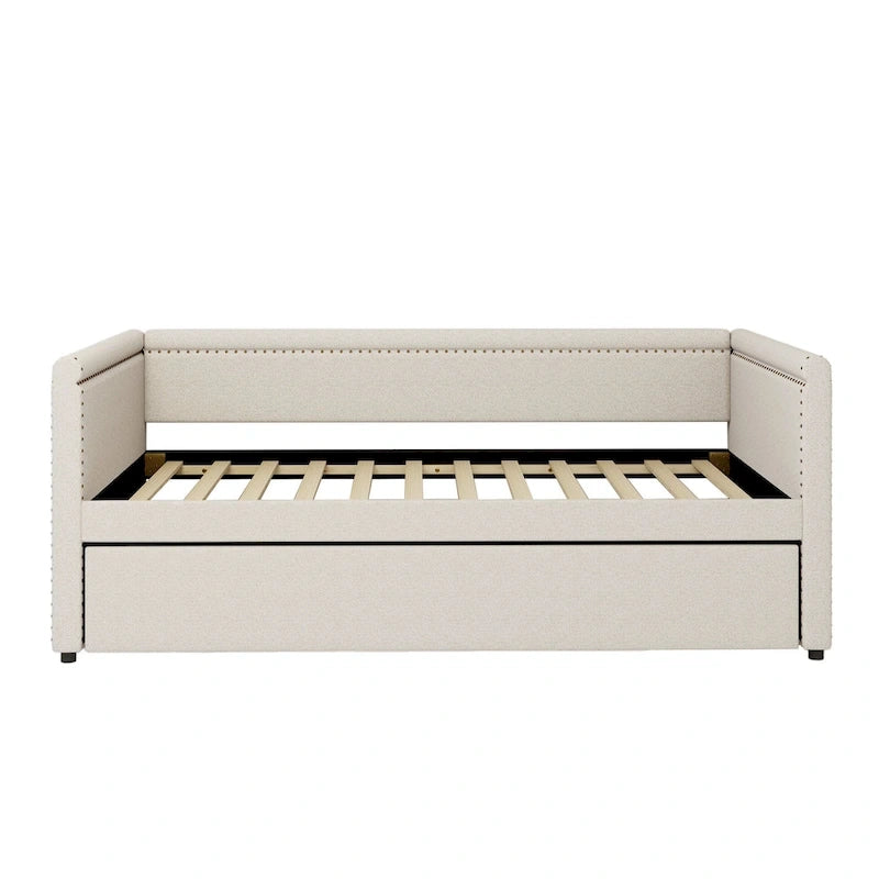 Roomfitters Twin Size Upholstered Daybed, Modern Trundle Bed, Compact Guest or Study Room