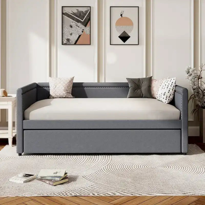 Roomfitters Twin Size Upholstered Daybed, Modern Trundle Bed, Compact Guest or Study Room